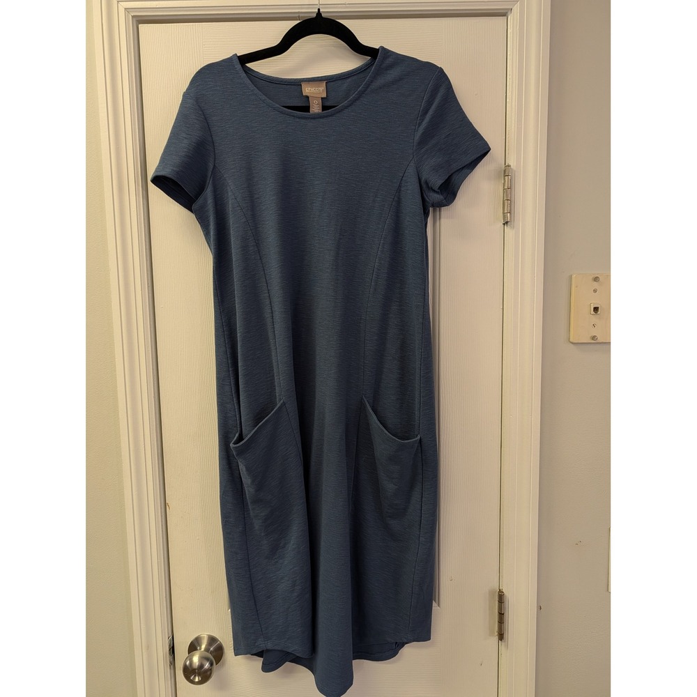 Chicos Slate Blue Slub Knit Short Sleeve Pocket Midi T-Shirt Dress Size 0 XS S